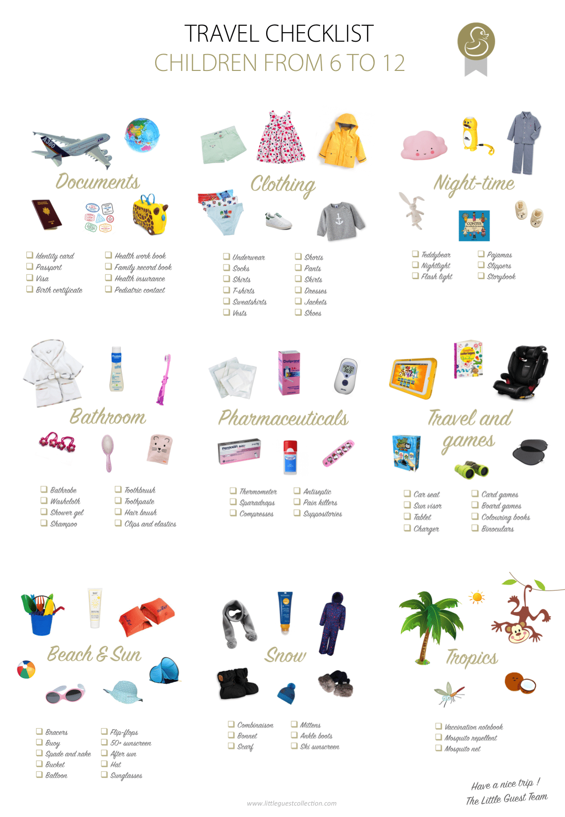 Travel checklist for children from 6 years, 7 years, 8 years, 9 years, 10 years, 11 years to 12 years (documents, clothing, night-time, bathroom, meals, pharmaceuticals, travel, games, sun, beach, tropics et snow)