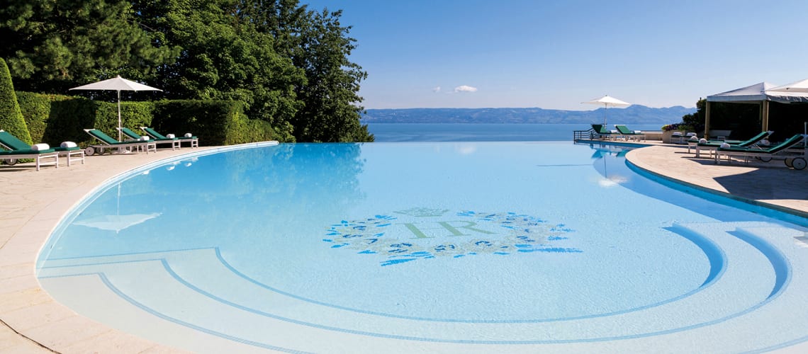 The superb panoramic outdoor pool at the Royal Evian hotel