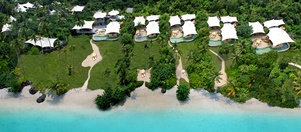 Aerial view on the Soneva Kiri hotel in Thailand