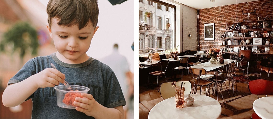 Kid eat ice-cream and restaurant