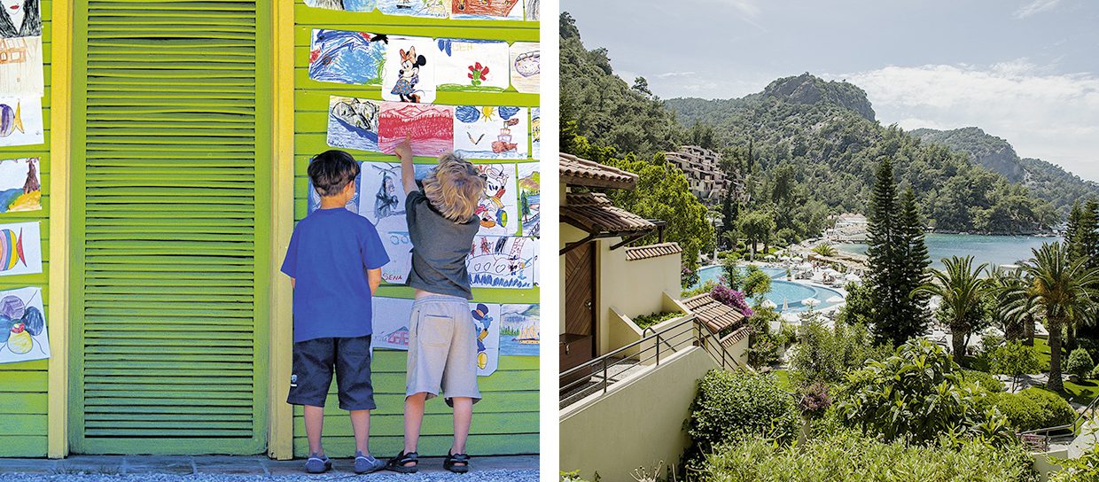 enfant-jouant-coloriage-hôtel-luxe-nature