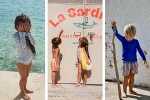 Montage photo montrant les différents produits de Lison Paris (caftan, maillot de bain 2 pièces, 1 pièce, fille et garçon)